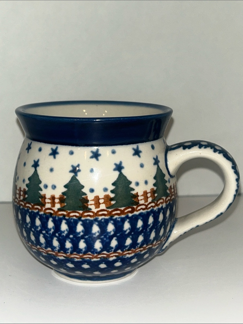 Blue Rose Polish Pottery mug Rustic Pines Christmas pattern bubble coffee cup